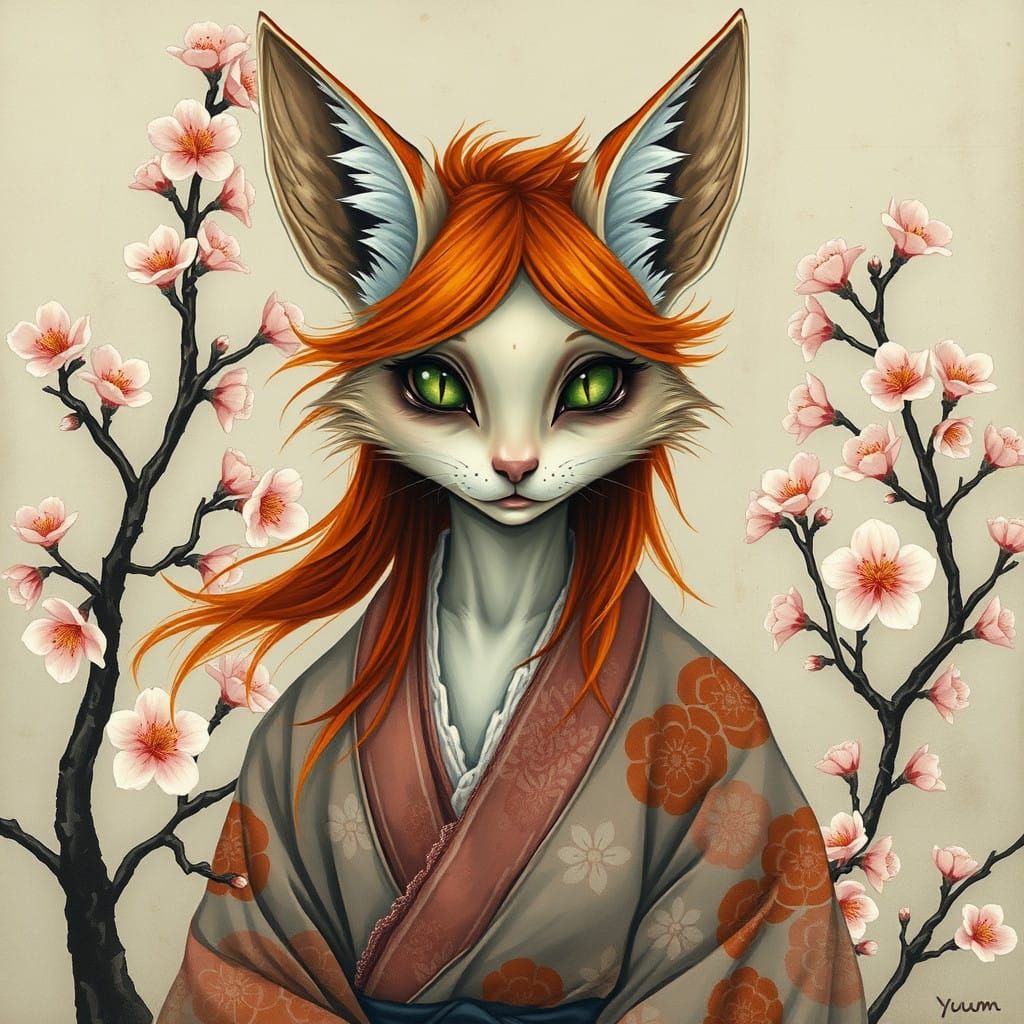 Whimsical Vulpine Goddess in Cherry Blossom Wonderland