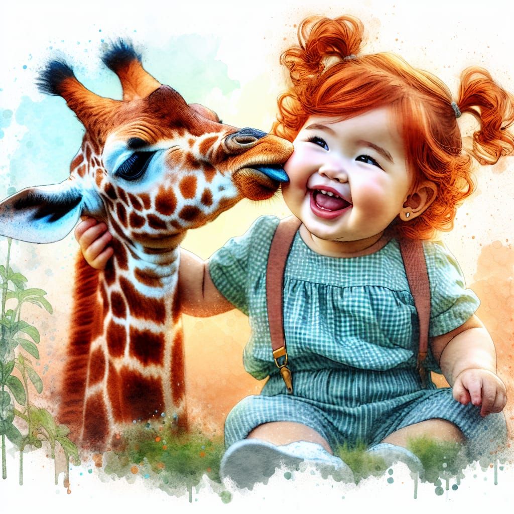 Red-Haired Toddler Kissing Giraffe: Watercolor Art