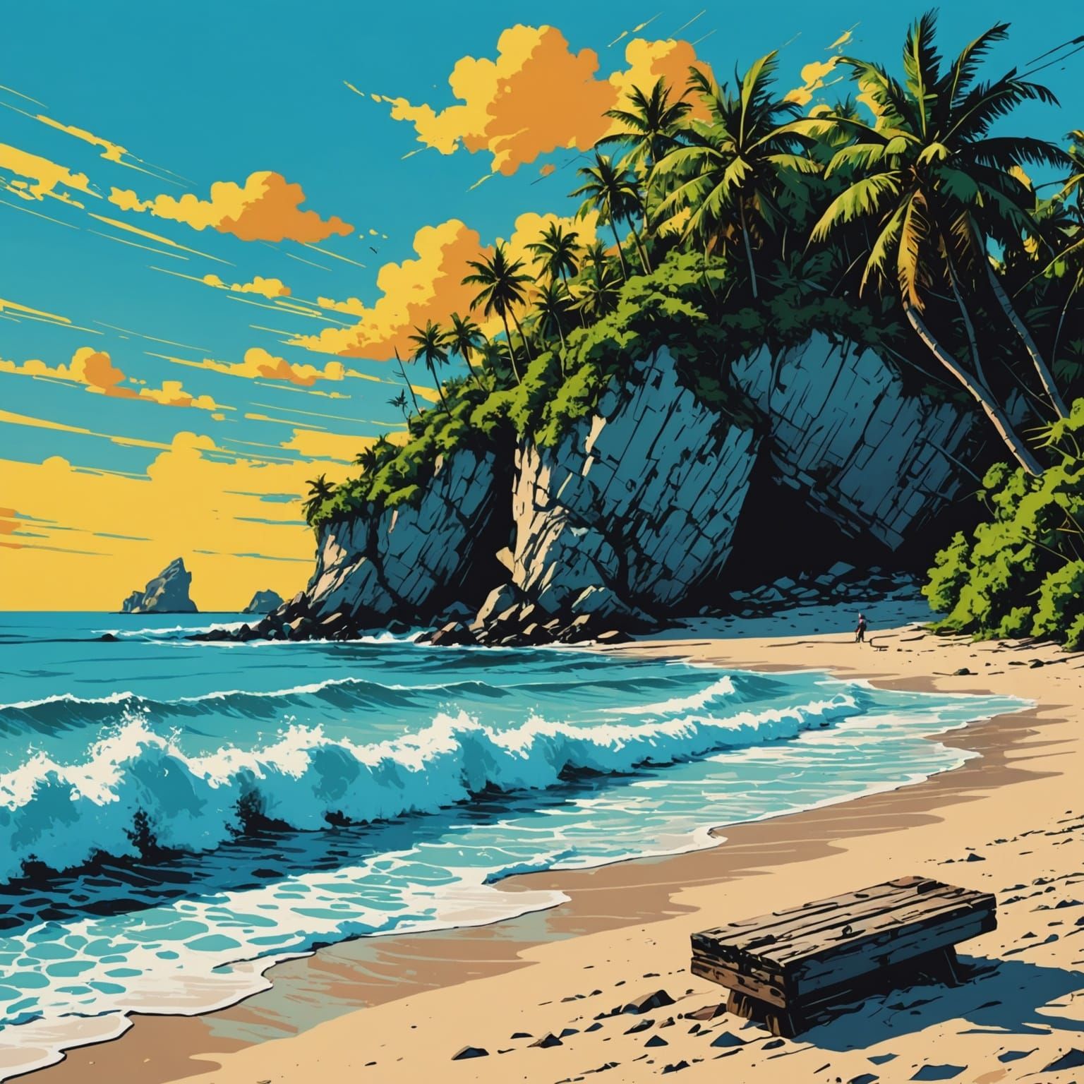 Pop Art Beach Scene in a Dystopian Landscape