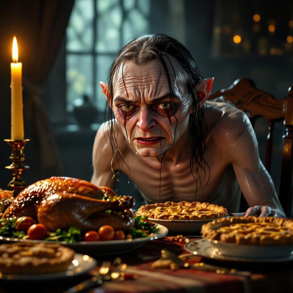 Gollum's Anguished Thanksgiving Dinner in Rembrandt Style