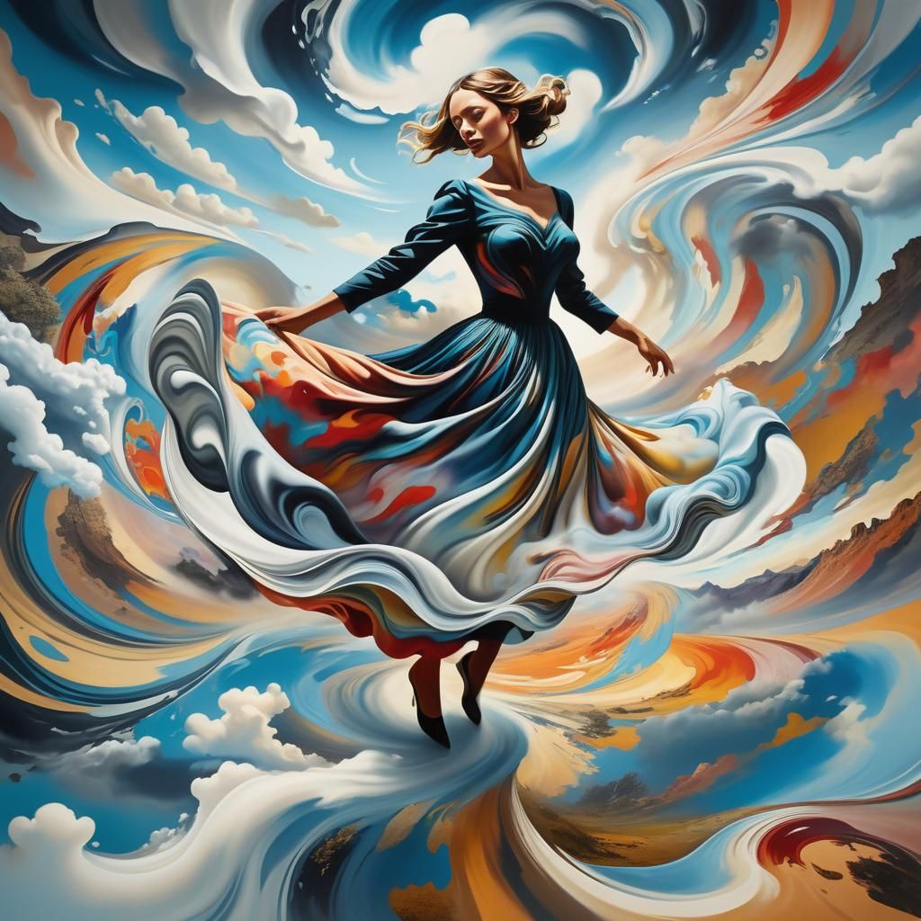 Surreal Woman Pulled into Vortex in Abstract Landscape