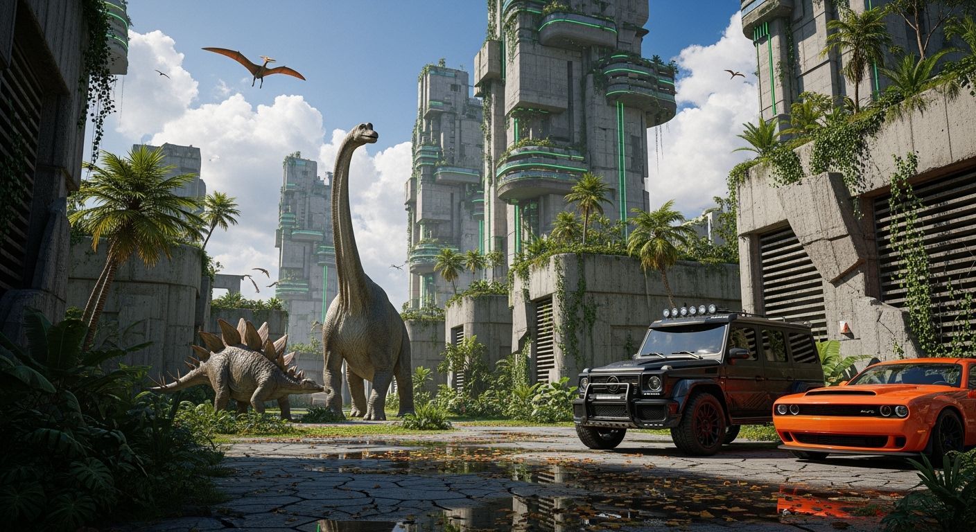 Futuristic Bunker City with Dinosaurs and Luxury Cars
