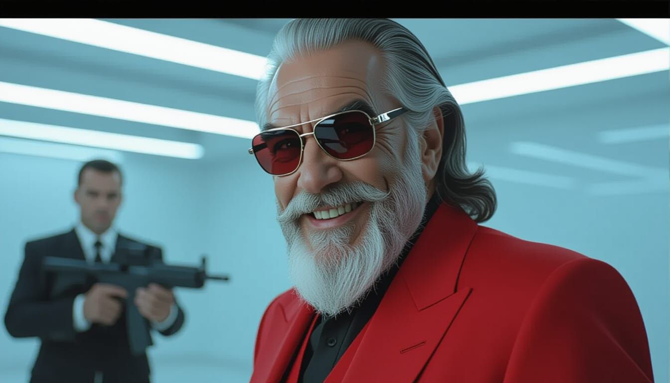 Cyberpunk Tommy Chong Smiles Sinisterly in Red Suit