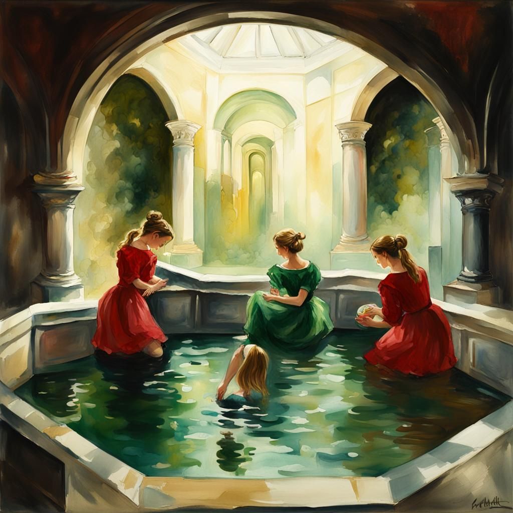 Princess in Marble Bath: an Impressionist Gouache Painting