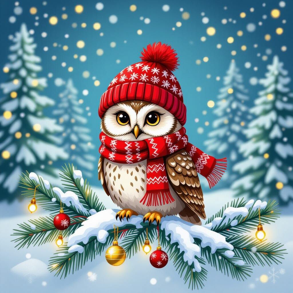 Cozy Owl in Winter Hat Amidst Christmas Decorations