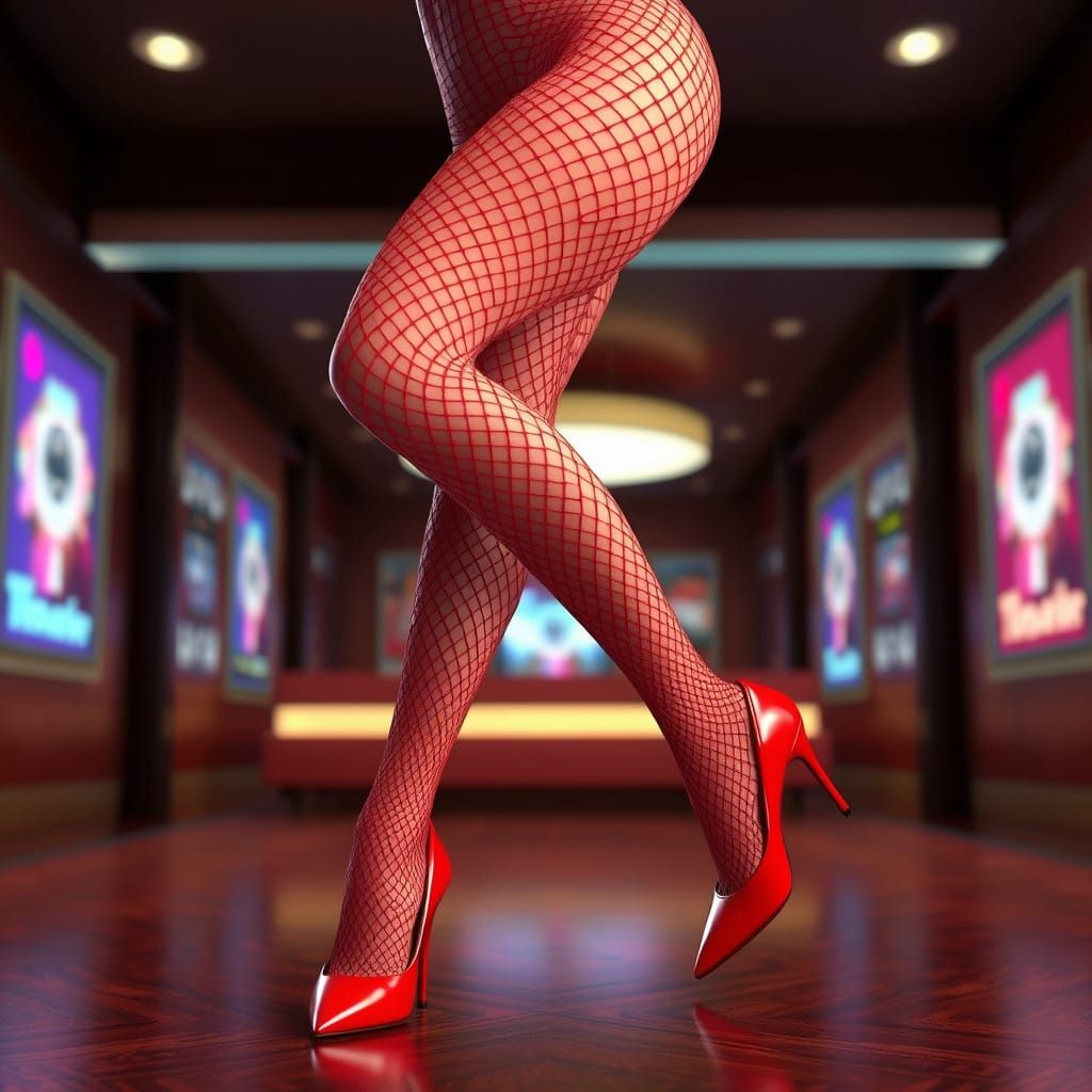 Elegant 1960s Woman in Red Fishnet Stockings and Heels