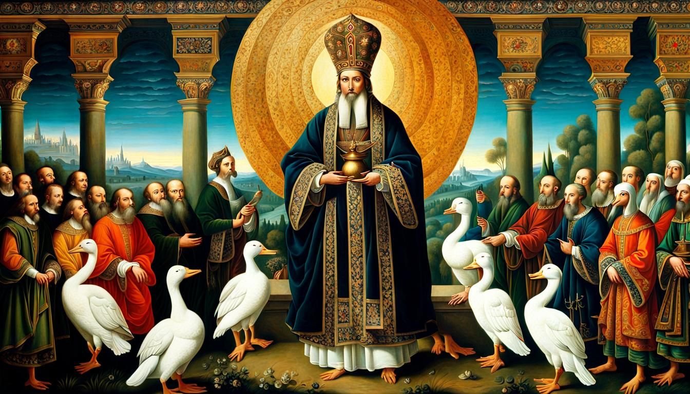 Renaissance Duck Priest: Elaborate Religious Painting