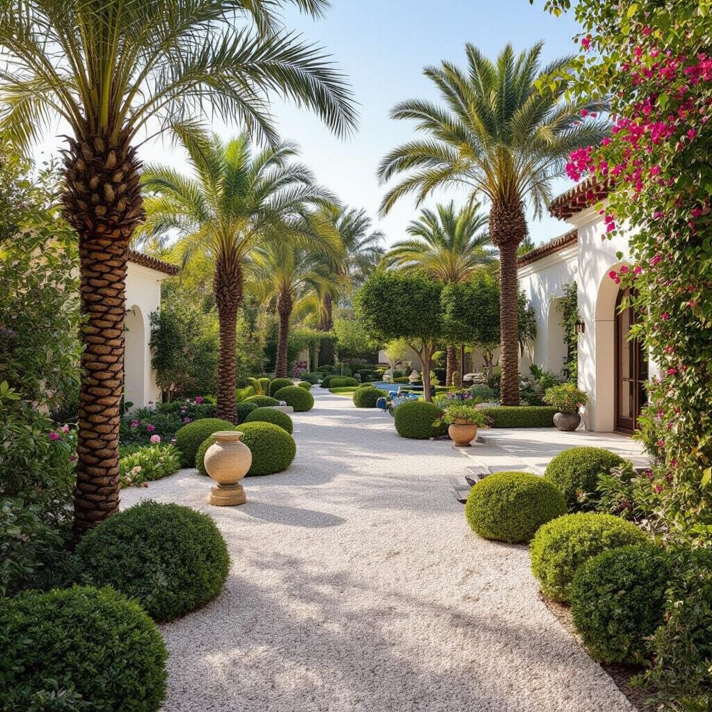 Andalusian Garden with Palms and Gravel Path