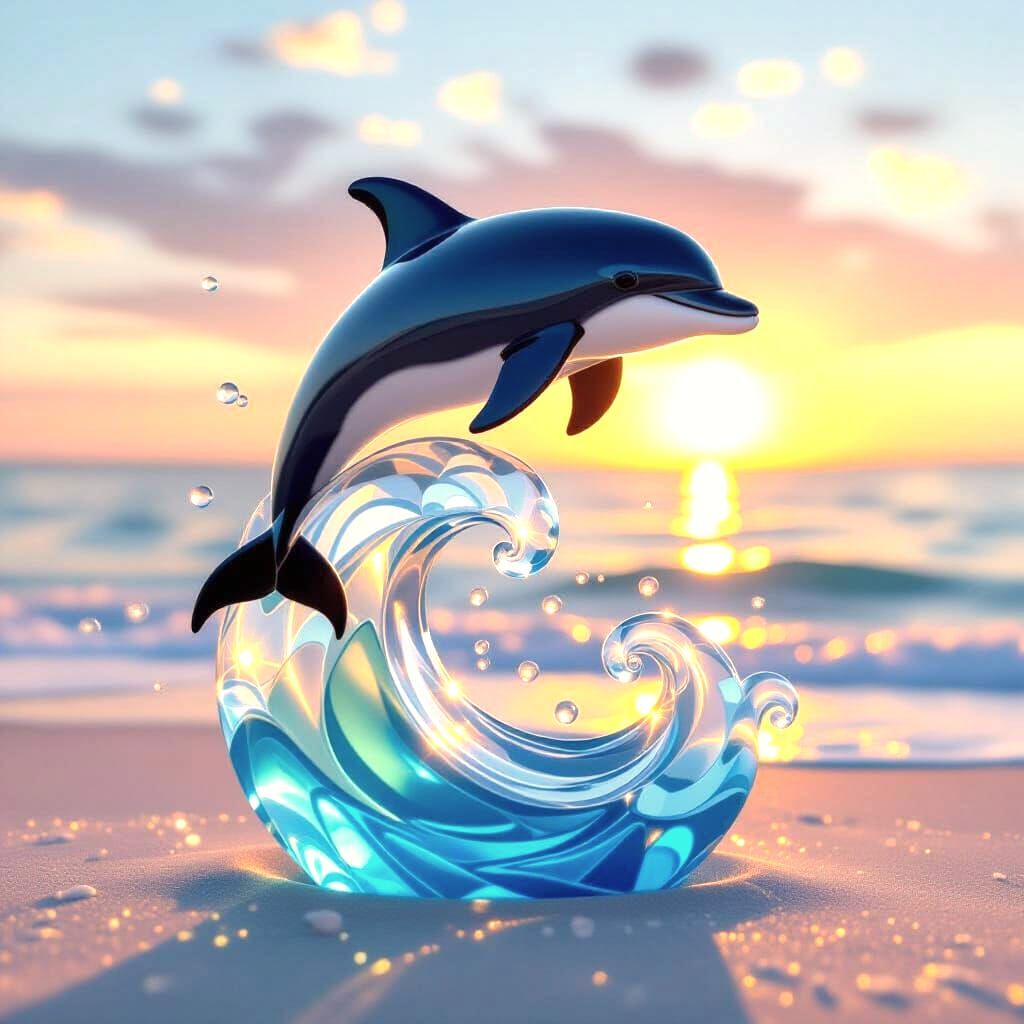 Sea Glass Dolphin Sculpture Leaping Ocean Wave