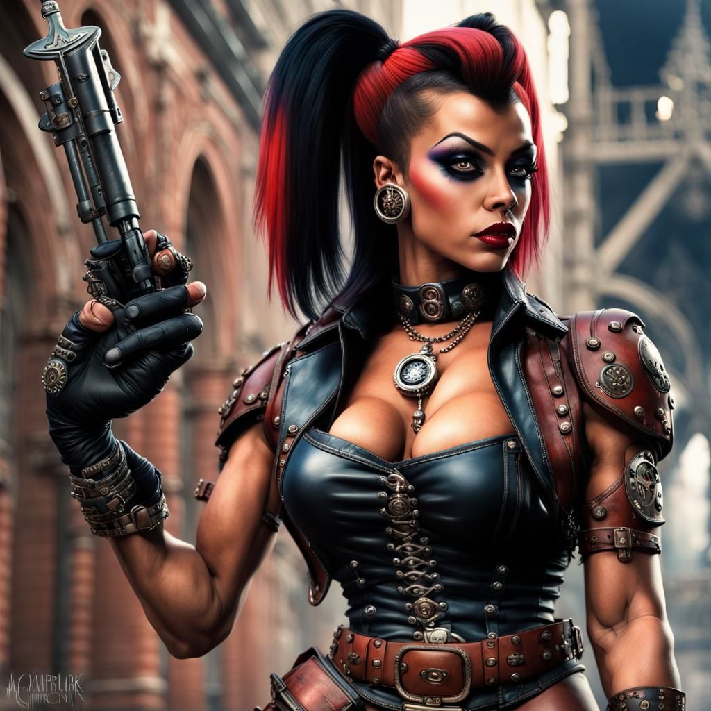 Steampunk Warrior with Futuristic Roadster, Neon Cathedral