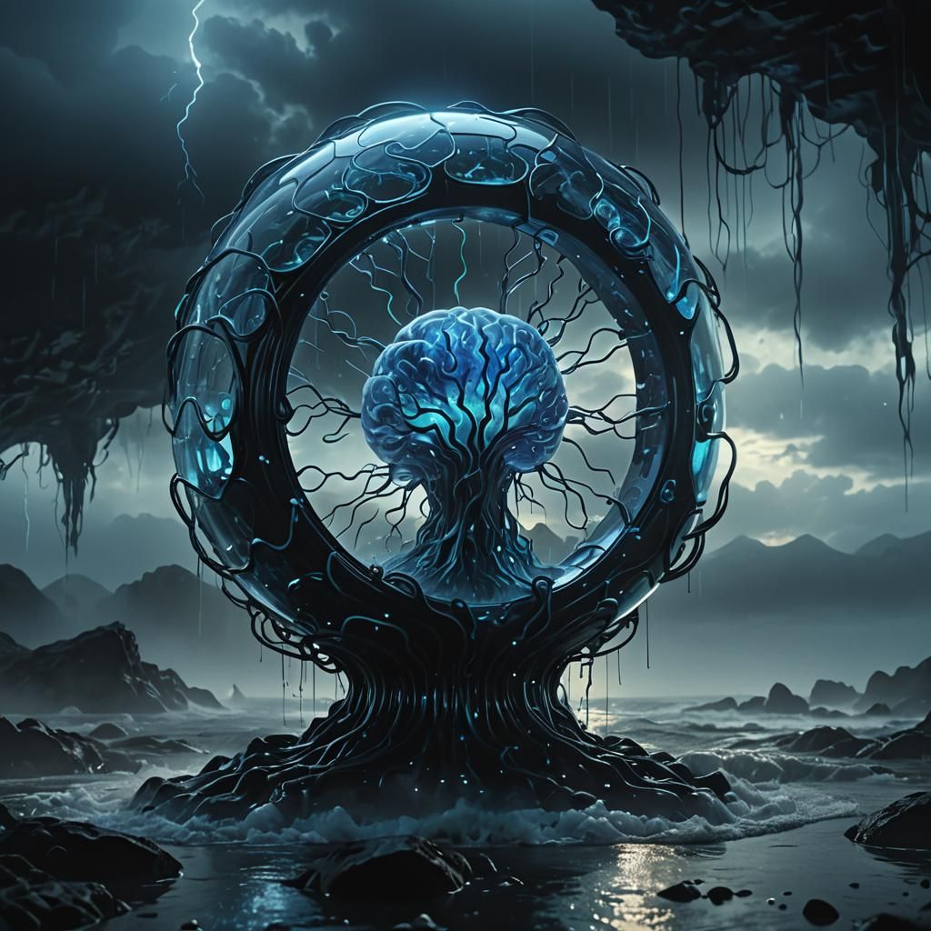 Ethereal Glass Sculpture with Waves in Dark Fantasy Style