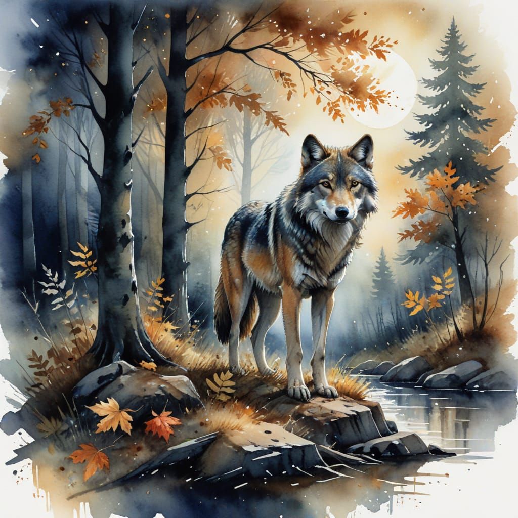 Enigmatic Forest Wolf Watercolor Masterpiece