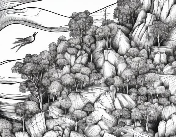 Detailed Cliffside Village: Black and White Line Drawing