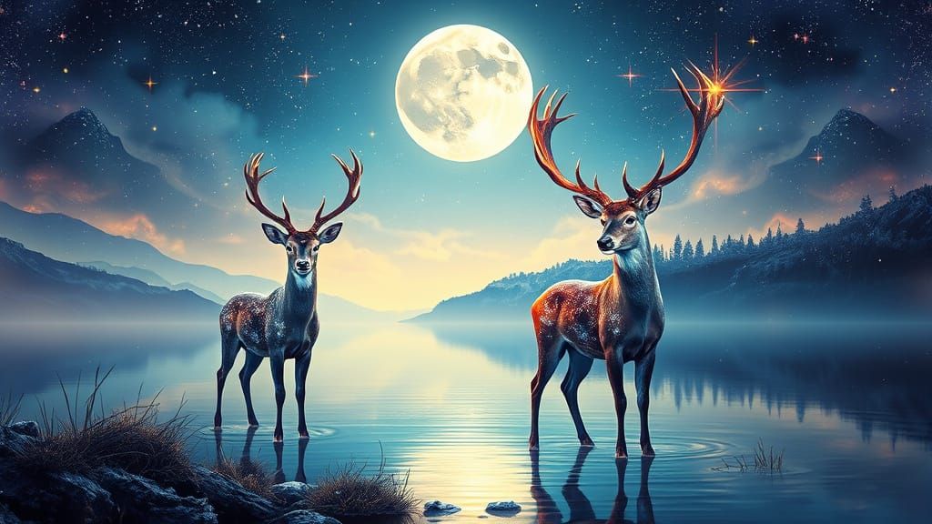 Stags in Moonlit Lake: Astral Cosmic Illustration