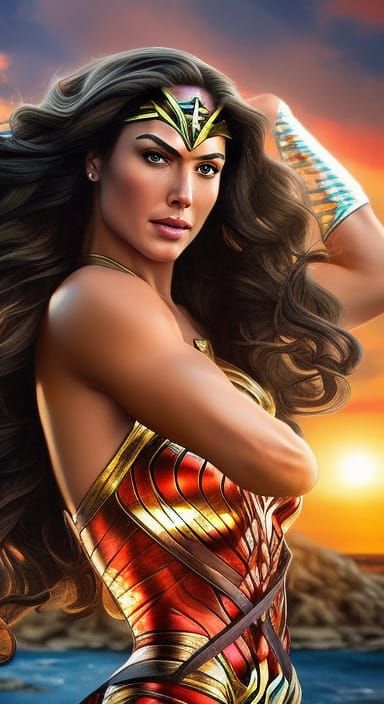 Wonder Woman in Orange Swimsuit on the Beach