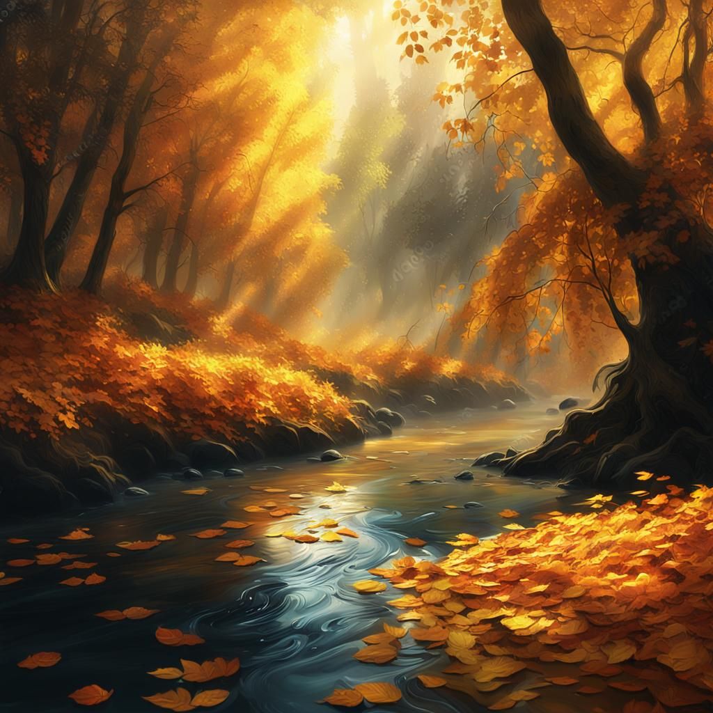 Autumn Leaves Falling into River: Impressionist Style