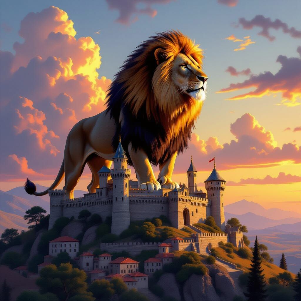 Majestic Lion Castle with Village, Hyperrealistic Digital Pa...