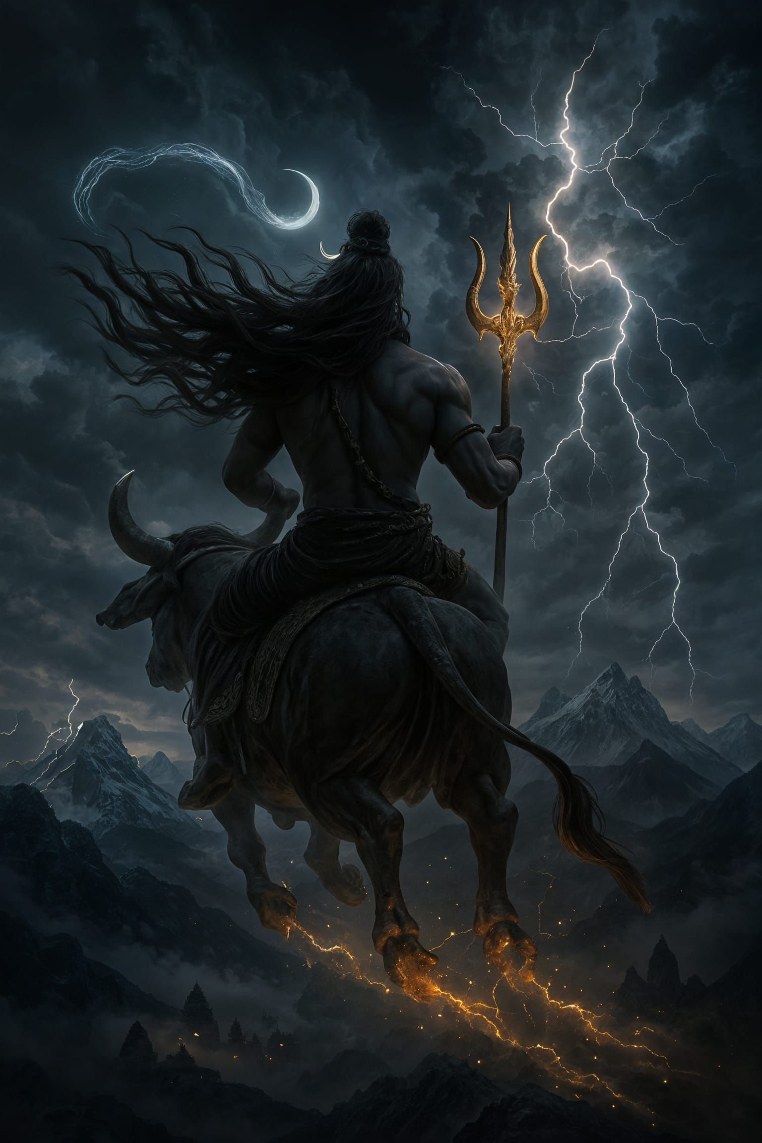 Lord Shiva Races Nandi Across Stormy Skies
