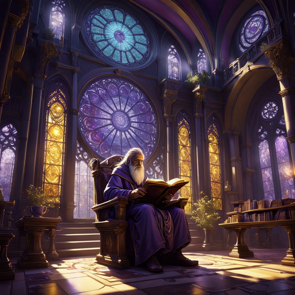 Ancient Wizard Studies Tome in Art Nouveau Library