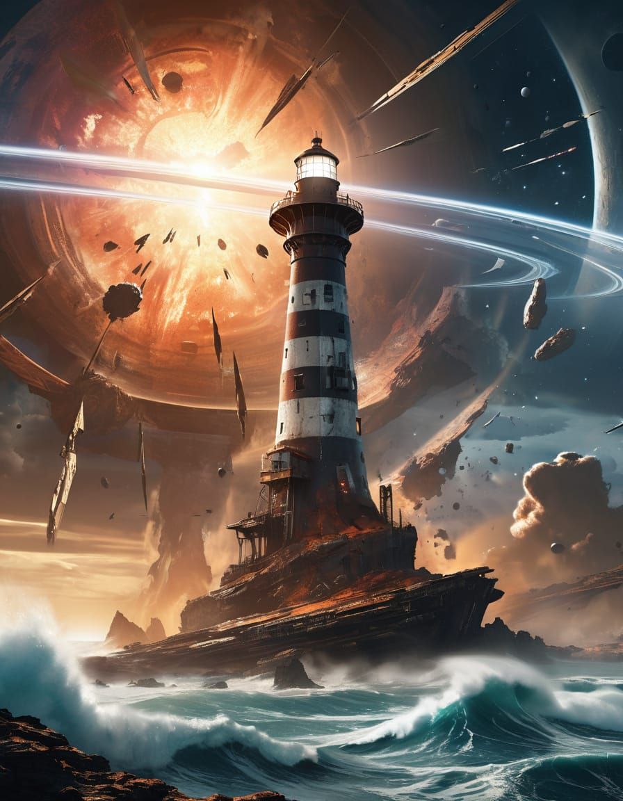 Alien Lighthouse Beam Through Nebula Above Starship Graveyar...