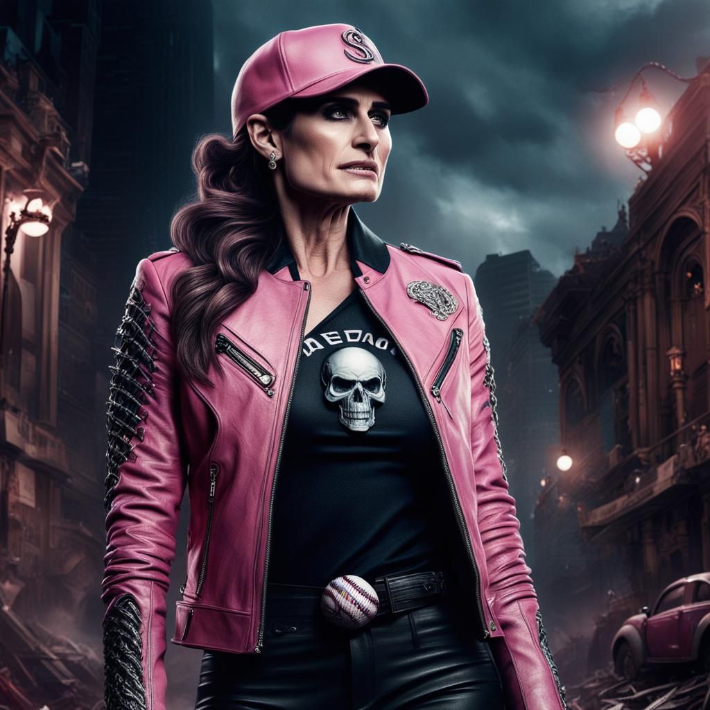 Idina Menzel in Pink Leather Jacket with Cobra