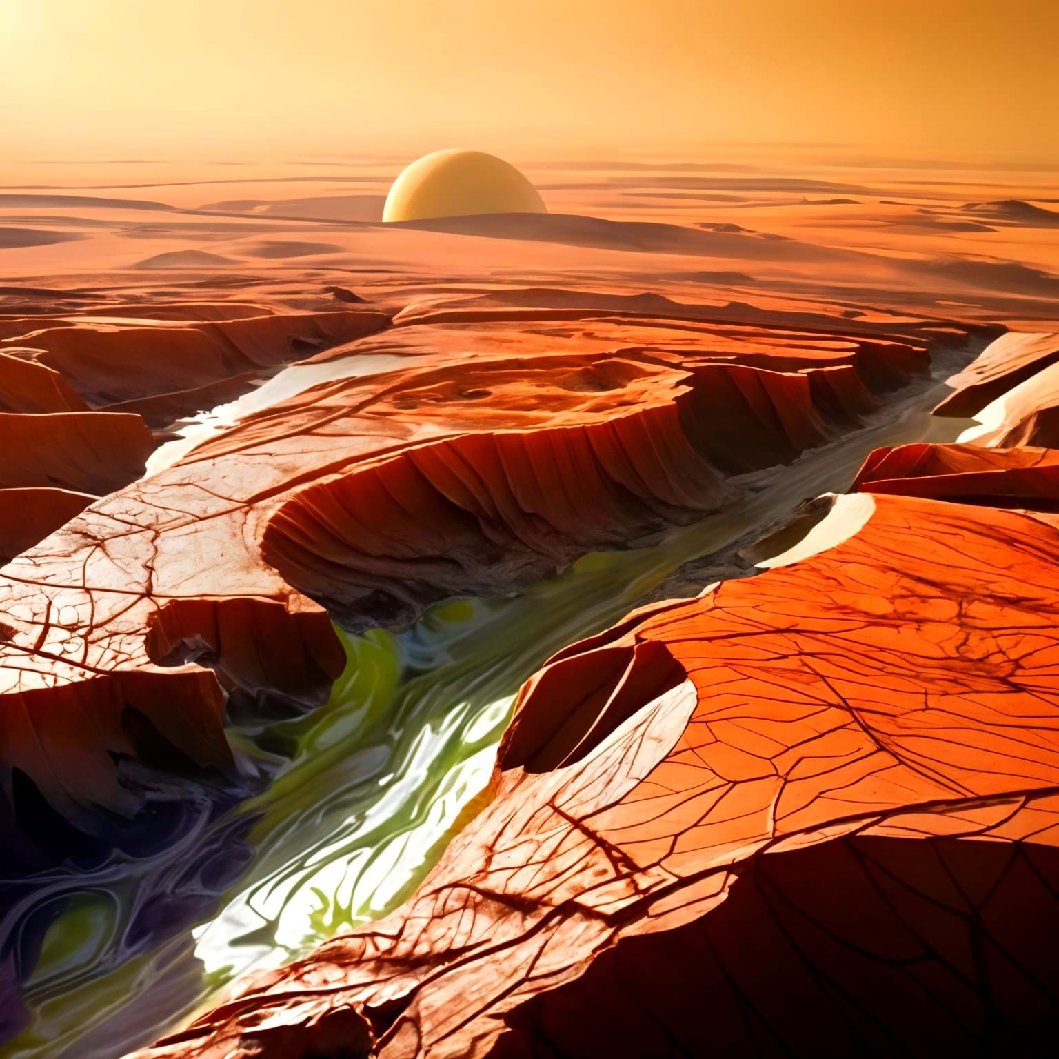 Chaotic Fissures on Venus in Dripping Watercolor Style