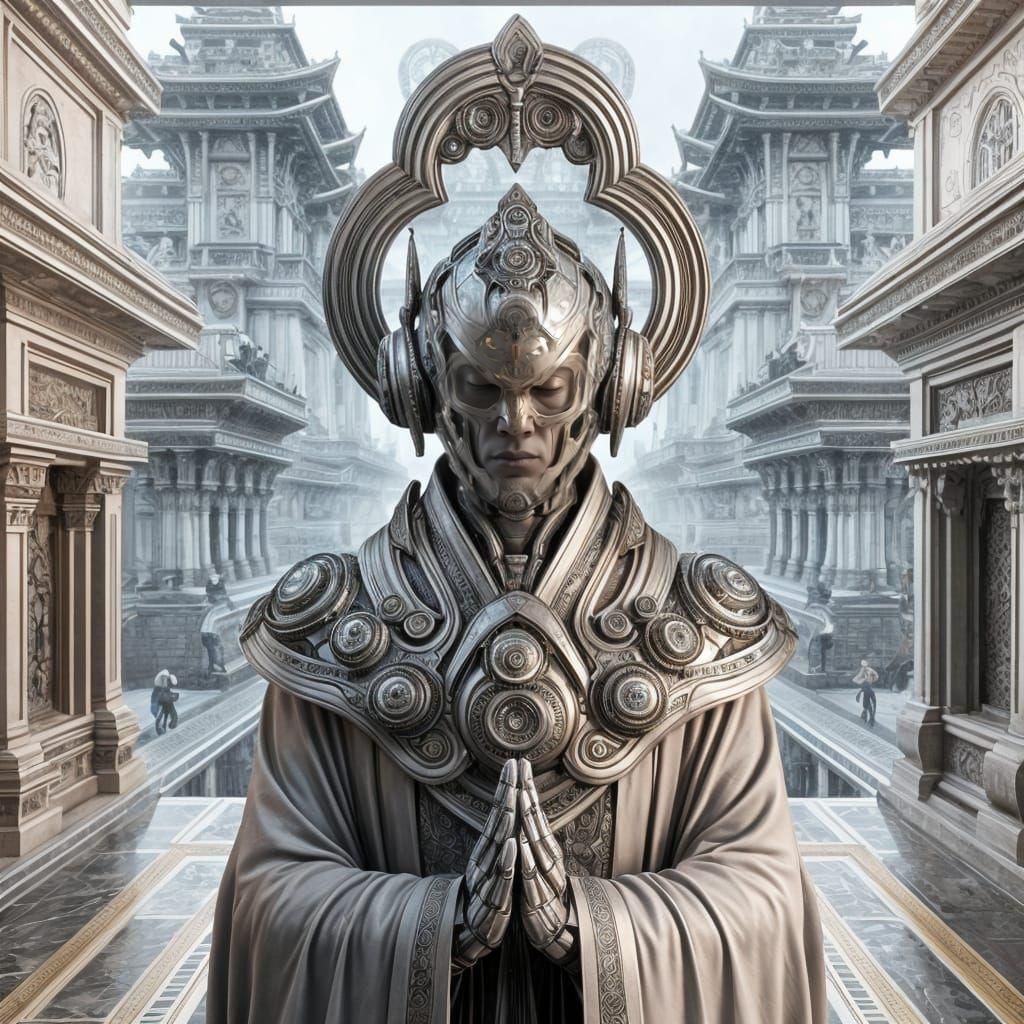 Futuristic Monk in Ornate Helmet Before Sci-Fi Architecture