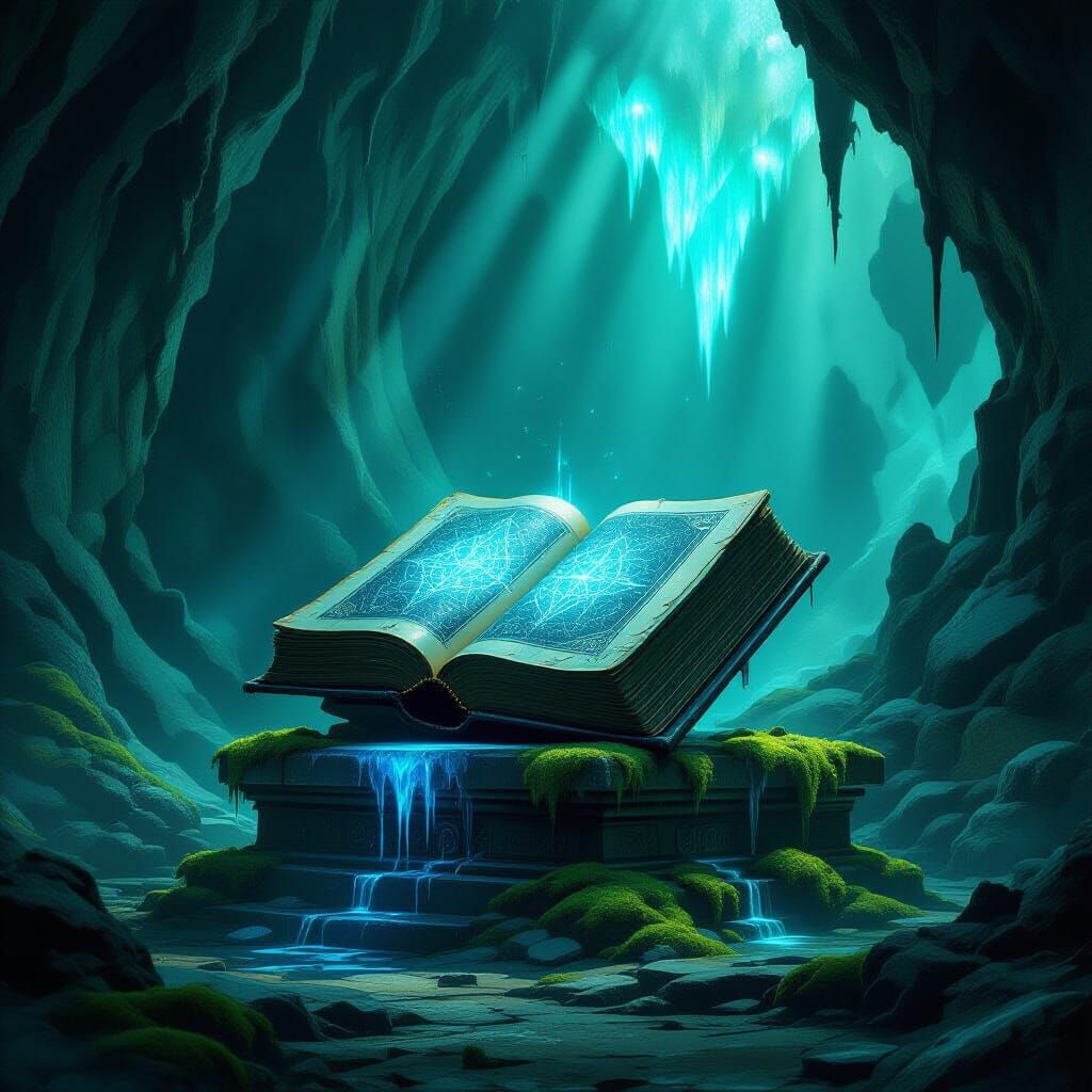 Ancient Tome in Glowing Cavern