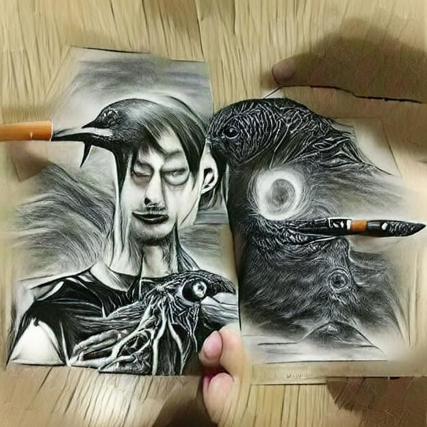 Necromancer and Crow Familiar in Junji Ito Style