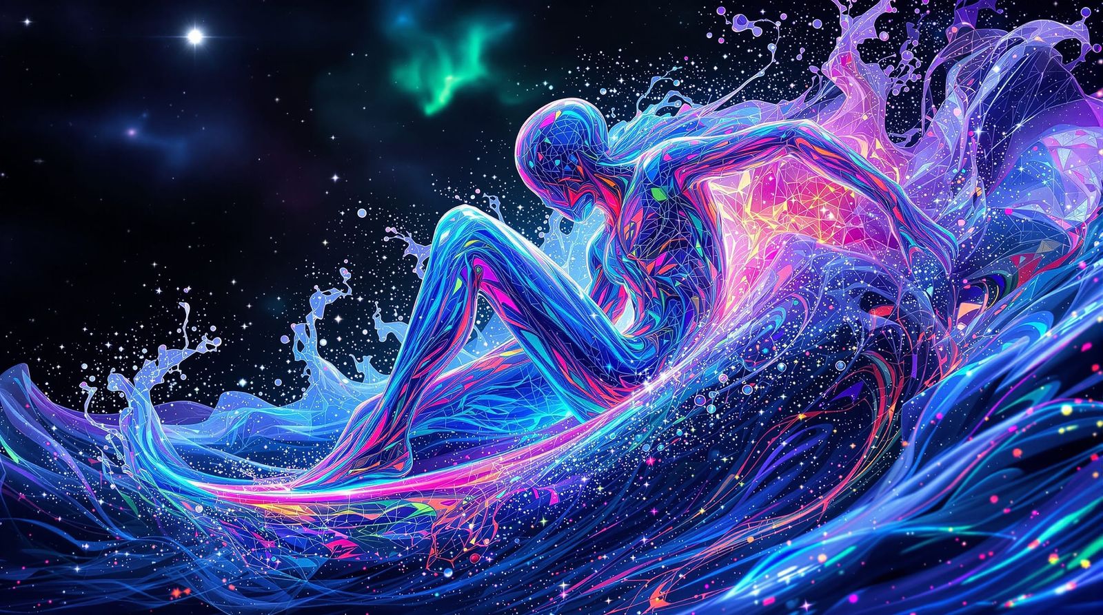 Surreal Abstract Surfer in Cosmic Fractal Iridescence