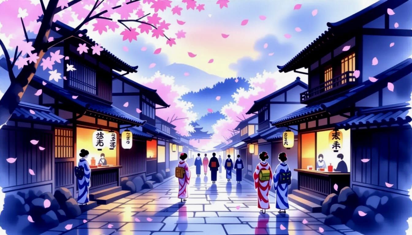 Edo-Era Japanese Street Scene With Spirits at Twilight