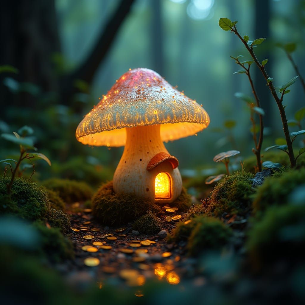 Enchanted Bioluminescent Forest Scene with Fairy Mushroom Ho...