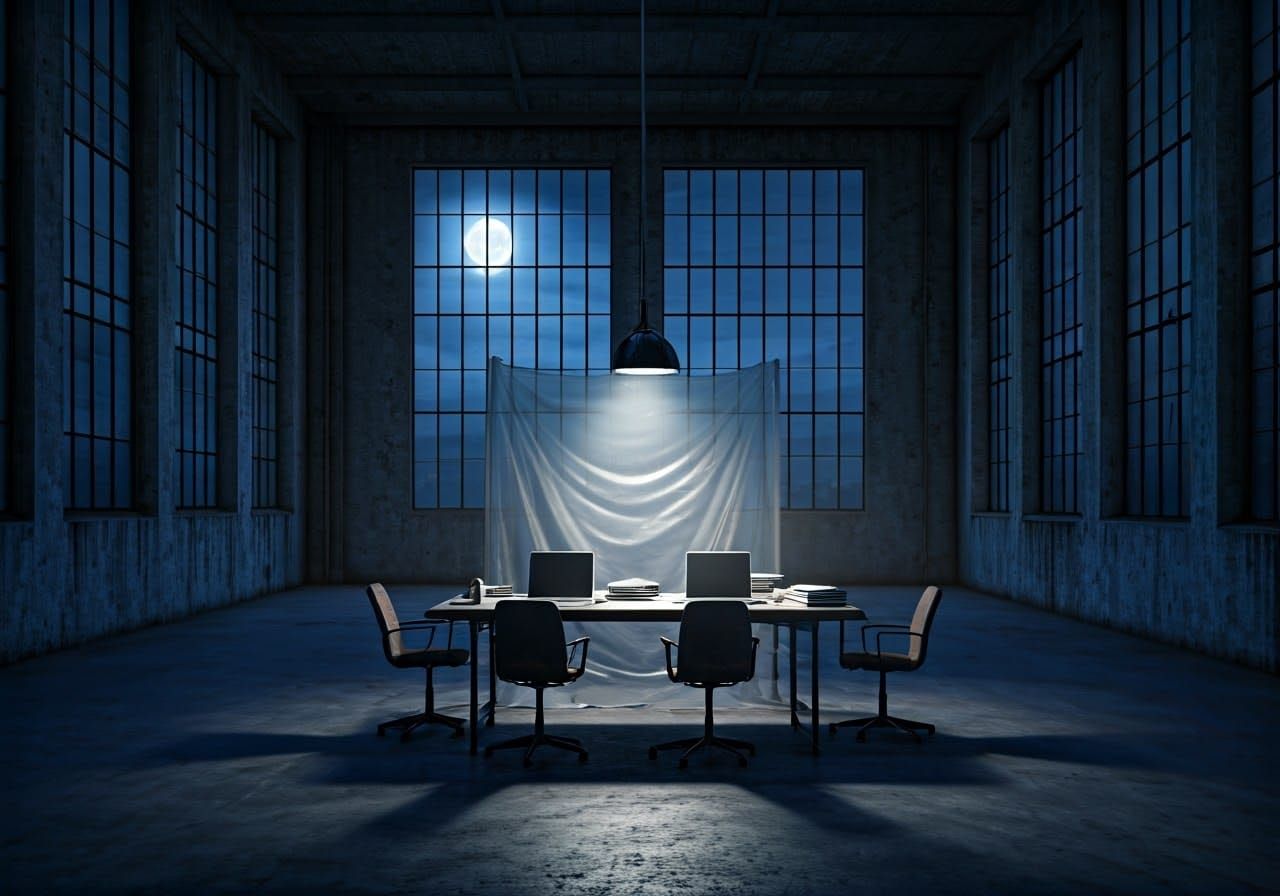 Eerie Warehouse with Laptops in Film Noir Style