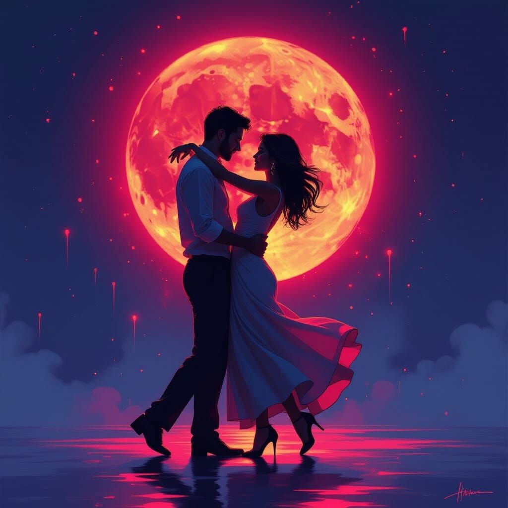 Dancing Couple Silhouetted Against Red Moon in Futuristic St...