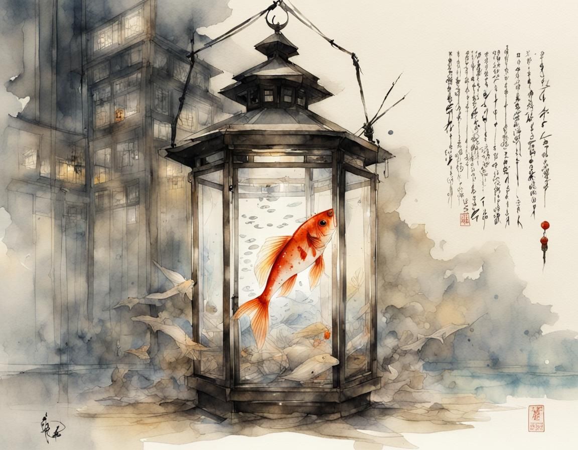 Fish in Lantern: Manga Watercolor Sketch