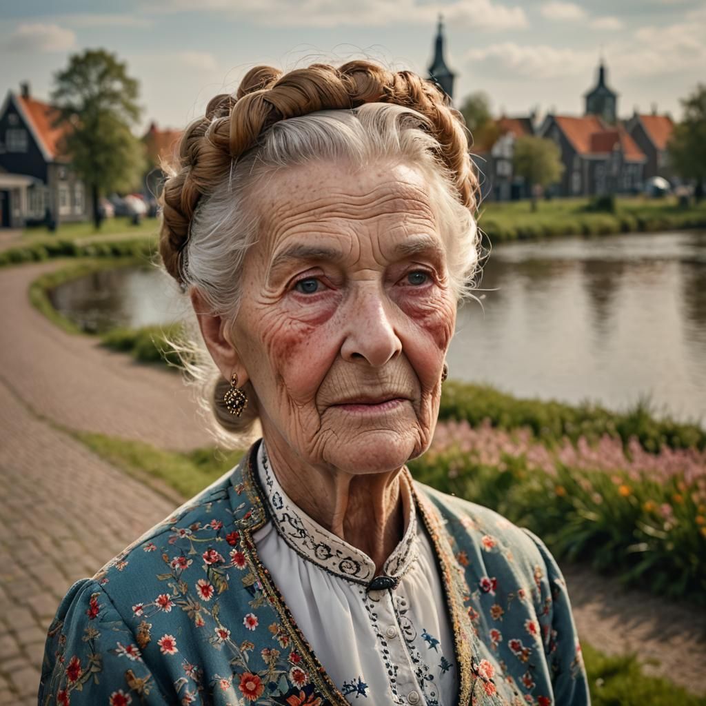 Realistic Portrait of Elderly Dutch Woman in Traditional Clo...