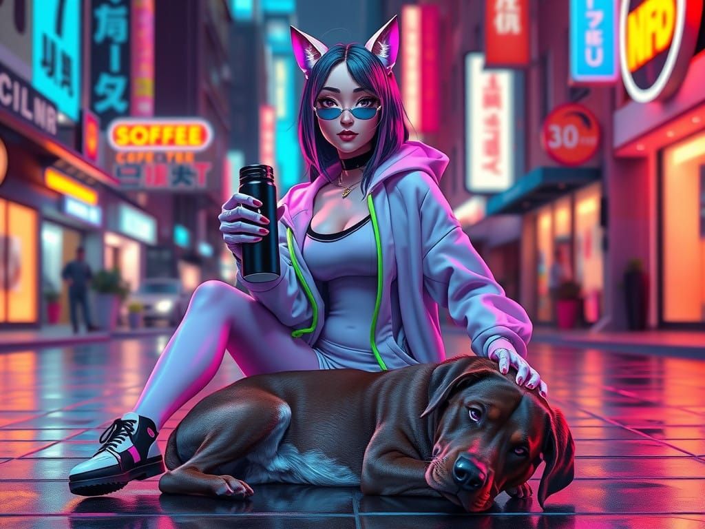 Cyberpunk Goddess Offers Coffee to Feline Companion in a Neo...