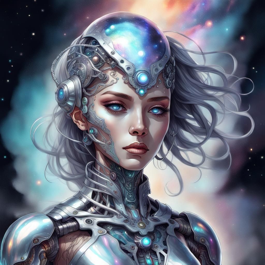 Iridescent Cyborg Woman in Digital Watercolor Style