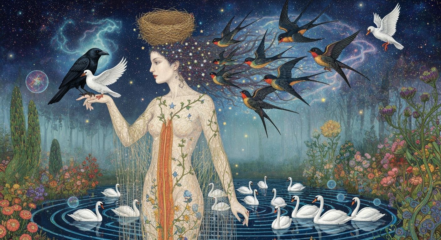 Ethereal Woman Dissolving Into Birds Amidst Cosmic Energy