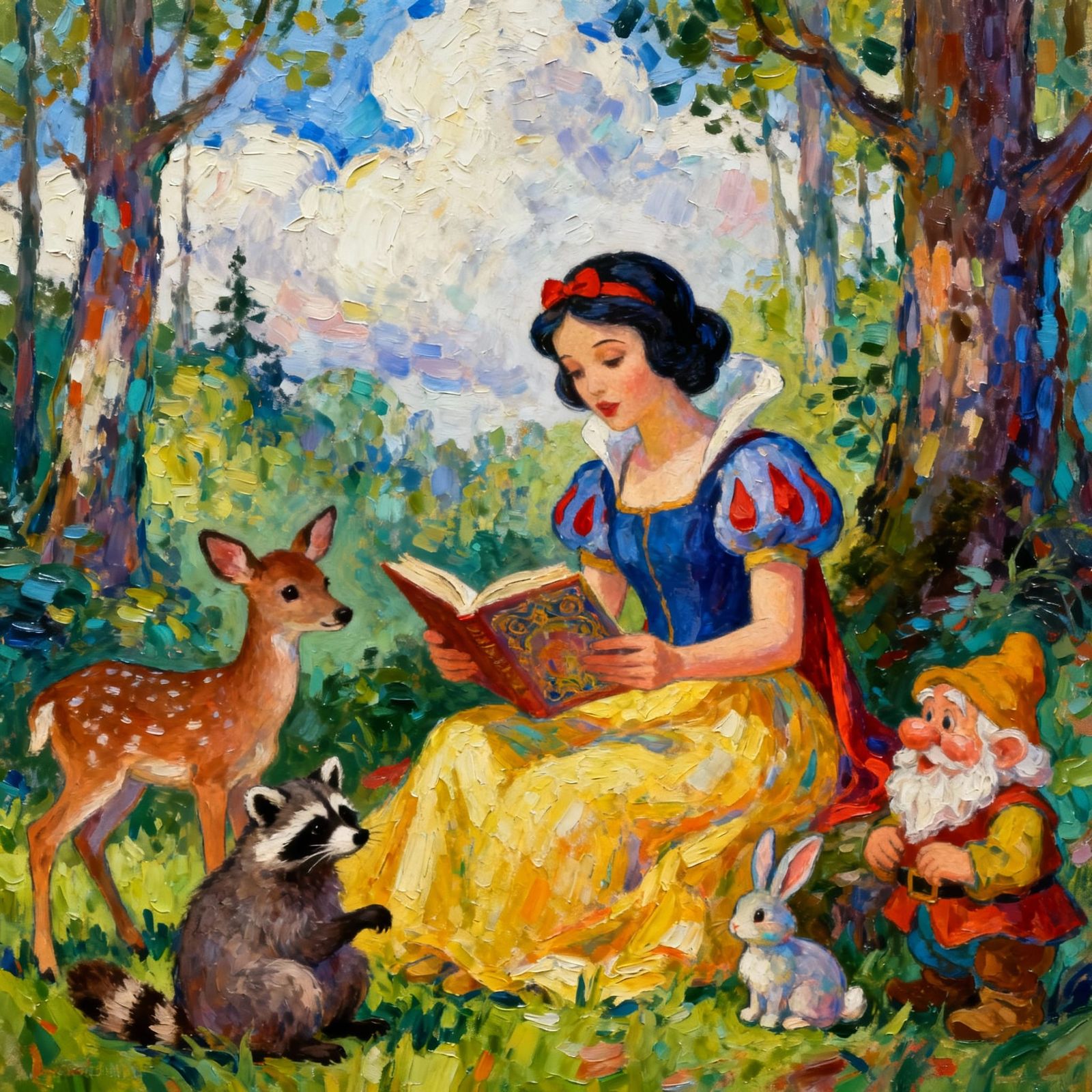 Snow White Reads to Dwarfs in Enchanted Forest