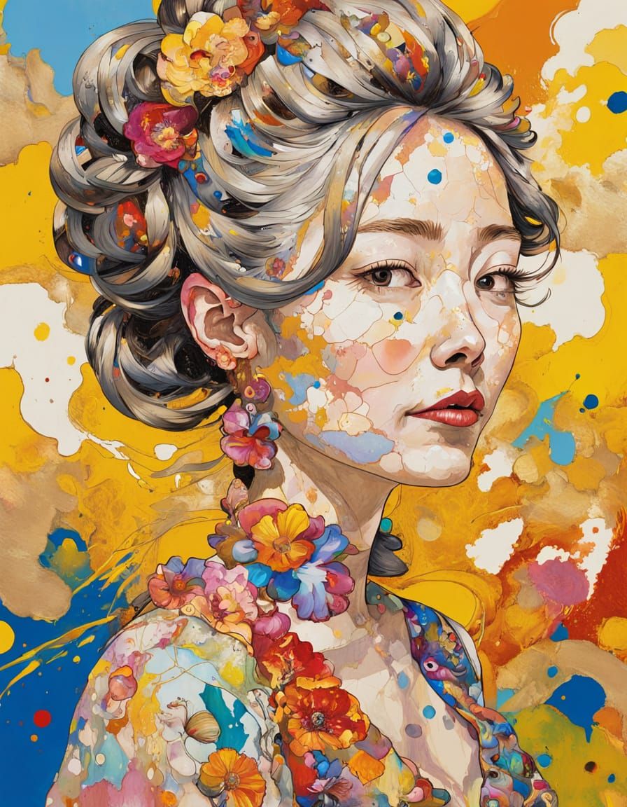 Elegant Rococo Lady with Impasto Ink Splatters