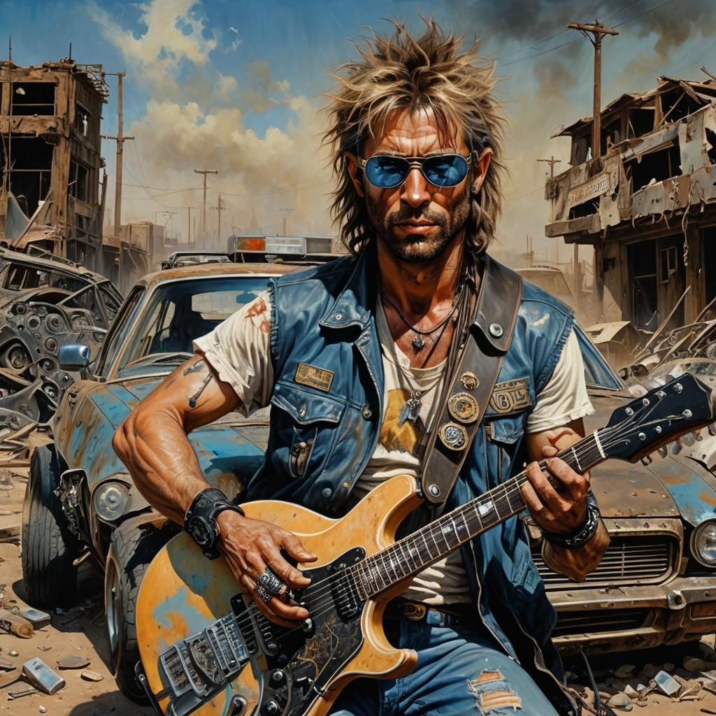 Post-Apocalyptic Rocker with Electric Guitar as Acrylic Pain...