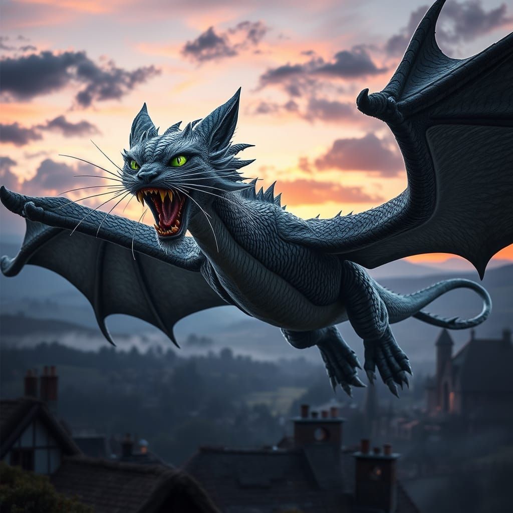 Majestic Grey Cat-Dragon Soars Through Twilight Skies in Hyp...