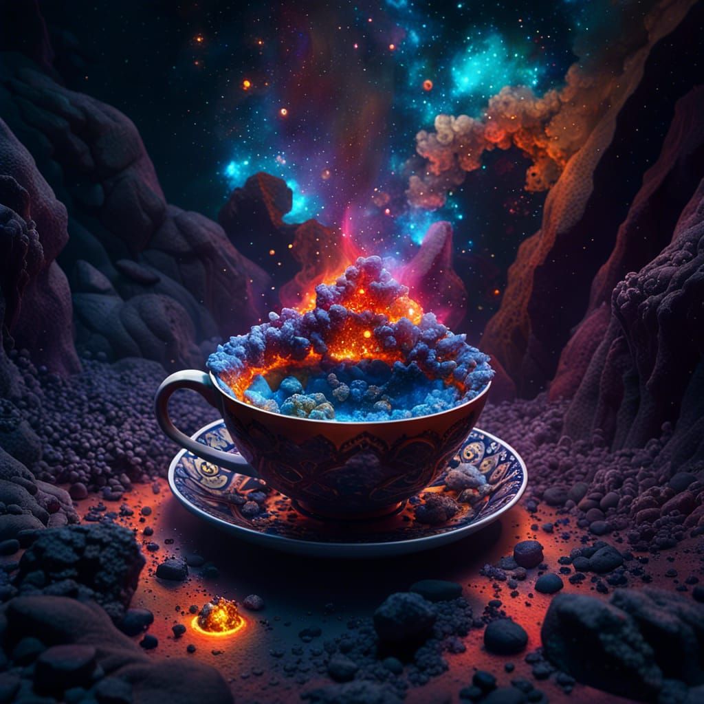 Dreamy Nebula Teacup in Aetherpunk Art Nouveau Style