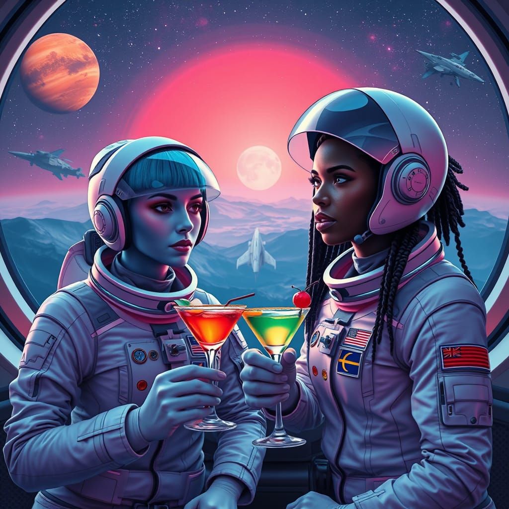 Cosmonauts in Futuristic Café on Asteroid, Inspired by Syd M...