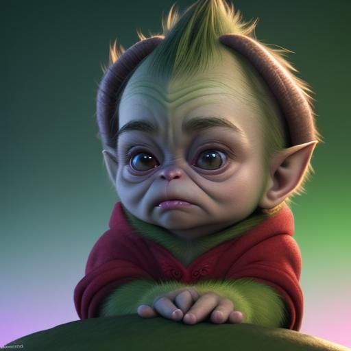 Baby Grinch in Christmas Clothing: Pixar Style