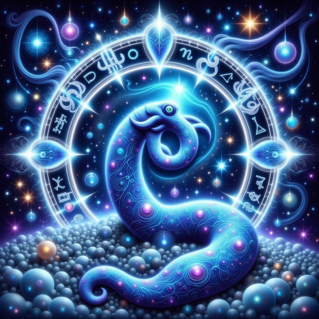 Whimsical Blue Worm in Zodiac Constellations, Mystical Fanta...