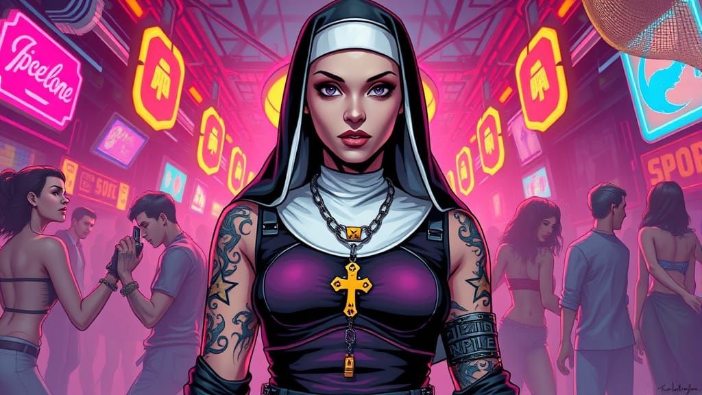 Cyberpunk Nun in Neon Nightclub Art