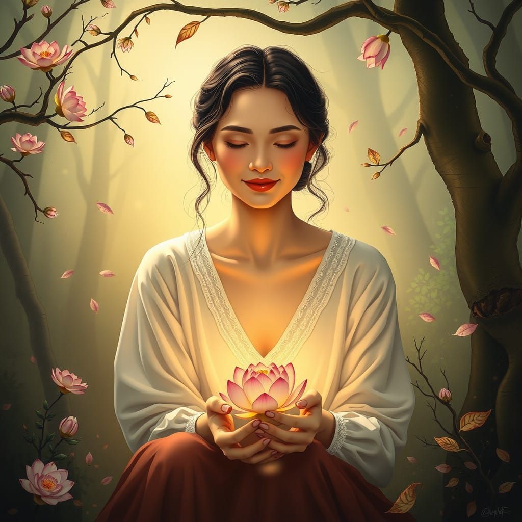 Serene Woman Contemplating Nature's Cycles in Golden Light