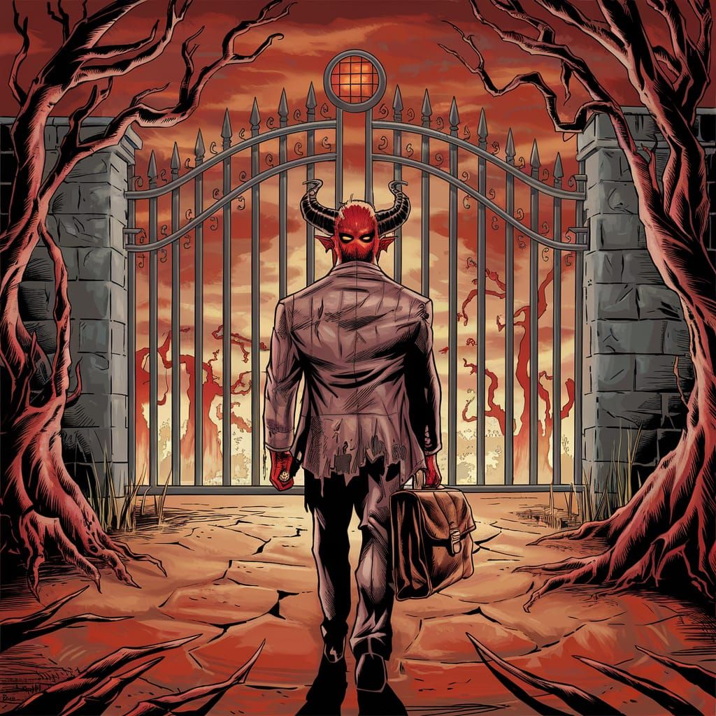 Comic Style Demon at Gates of Hell with Passport